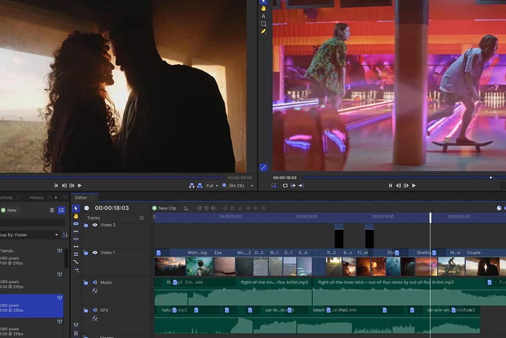 Video editing software with two preview panels above a multi-track timeline of video and audio clips.